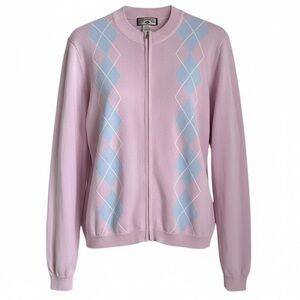 Y2K Women M Argyle Zip Up Sweater Cardigan Pink Blue Preppy Vintage Fairycore